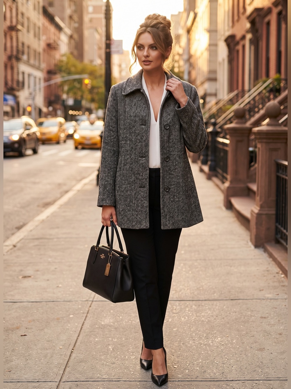 croft & barrow Charcoal Herringbone Wool Blend Car Coat Button-Front Pea Coat